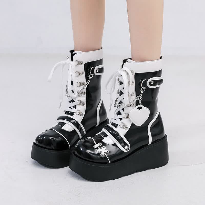 Y2K Heart Decor Lace Up Platform Lolita Martin Boots