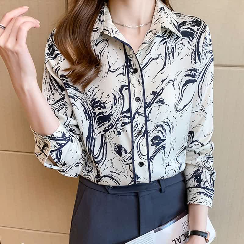 Ink Painting Print Long Sleeve Lapel Shirt