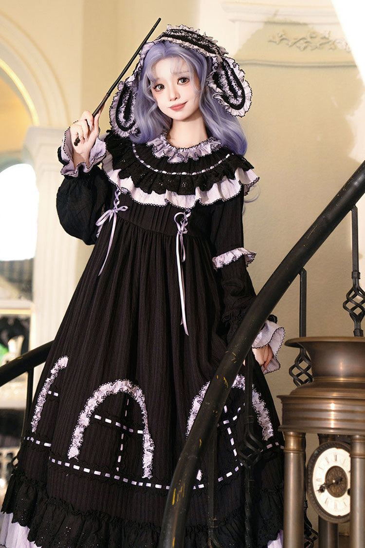 Noir Round Collar Long Sleeve Double Ruffle Lace-Up Dress - Twin Lilian
