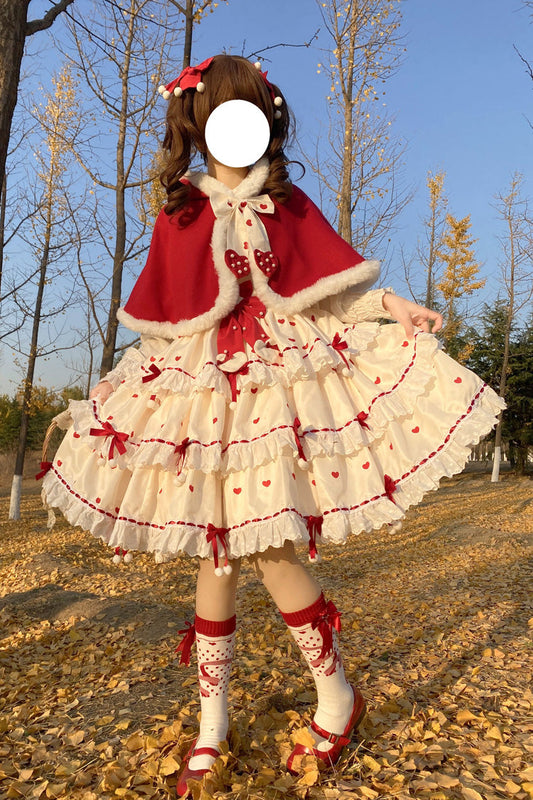 Crimson Apricot Triple-Layered Printed Ruffled Bow Lace Sweet Princess Lolita Dress with Cape