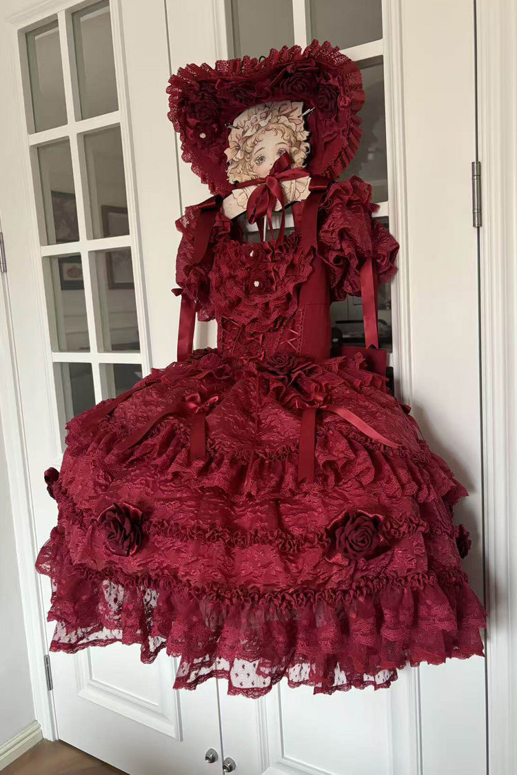 Crimson Rose Manor Square Neck Short Sleeve Ruffled Bow Lace Classic Lolita Gown