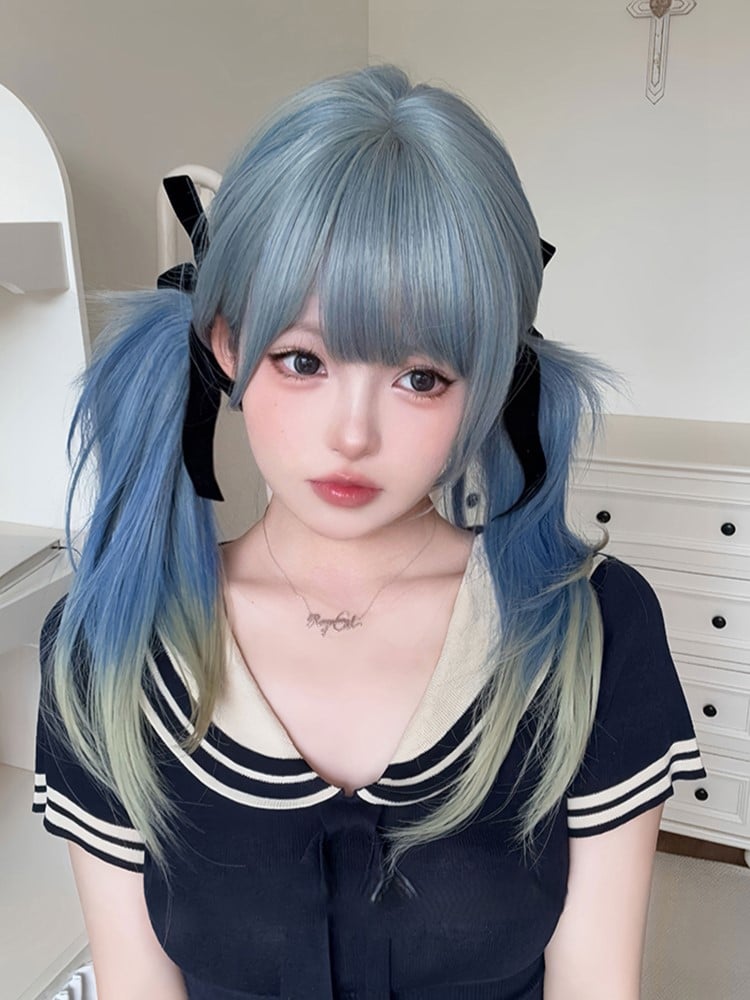 65CM Length Color Straight With Air Wig Hime Ombre Blue Cut Bangs Hair
