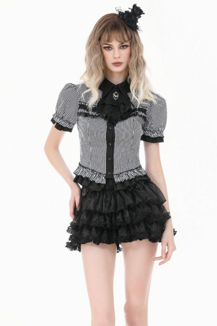 Monochrome Preppy Swallow-Tailed Blouse with Pinstripes and Detachable Tie