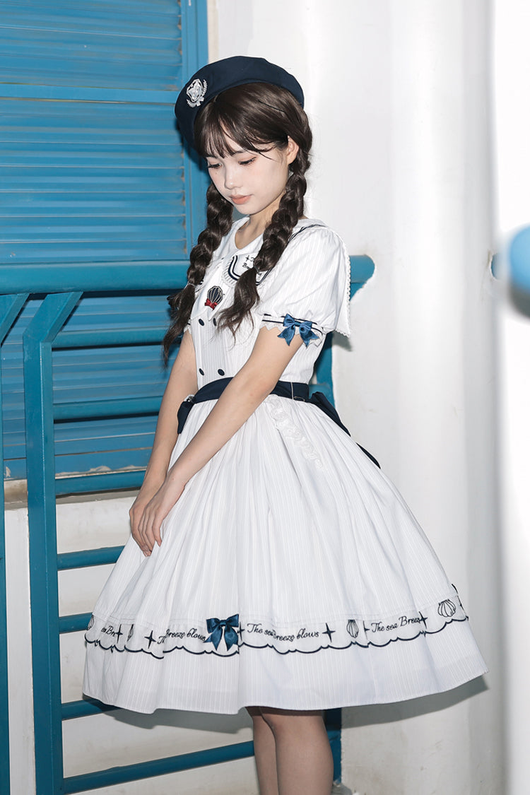 Navy Stripe Short Sleeve Ruffled Embroidery Sweet Lolita Dress