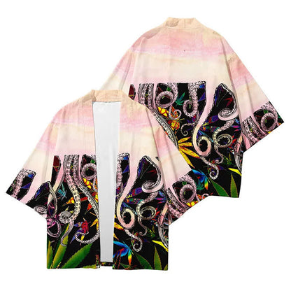 Colorblock Octopus Print Cardigan Kimono Outerwear