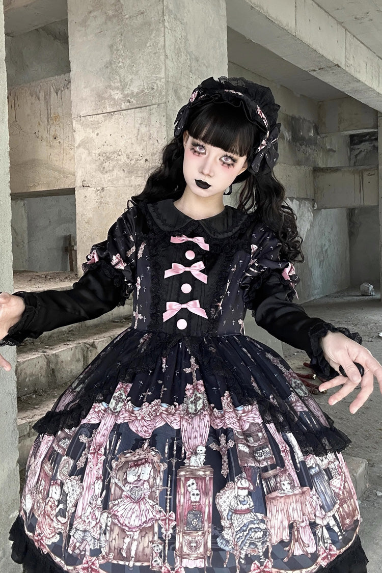 Ruffled Lace Dress with Bowknot and Missing Lamb Print