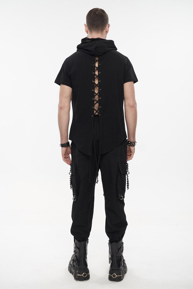 Men's Punk T-Shirt with Hooded Mesh Splice Zipper Back Openwork Lace-Up Casual Short Sleeve