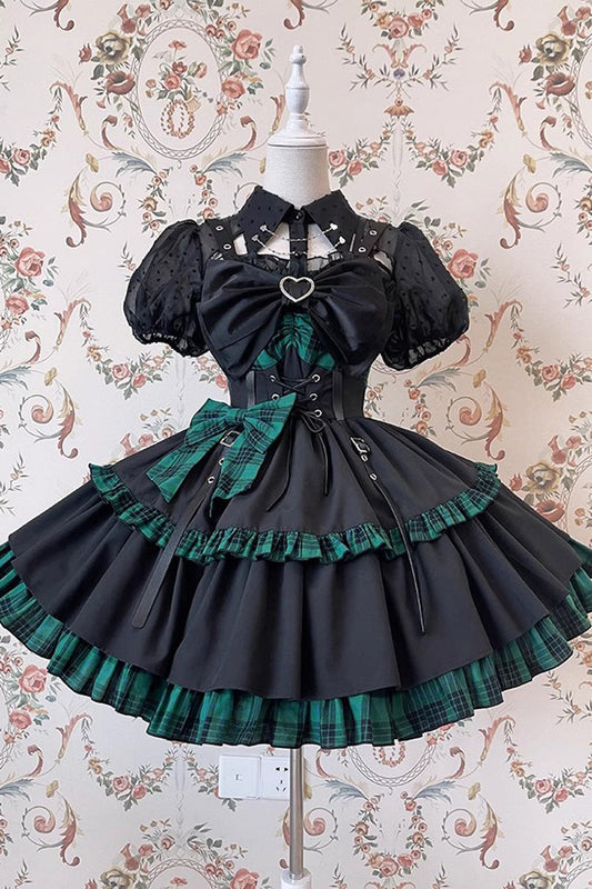 Black Green Sleeveless Multi-Layer Ruffle Bowknot Gothic JSK