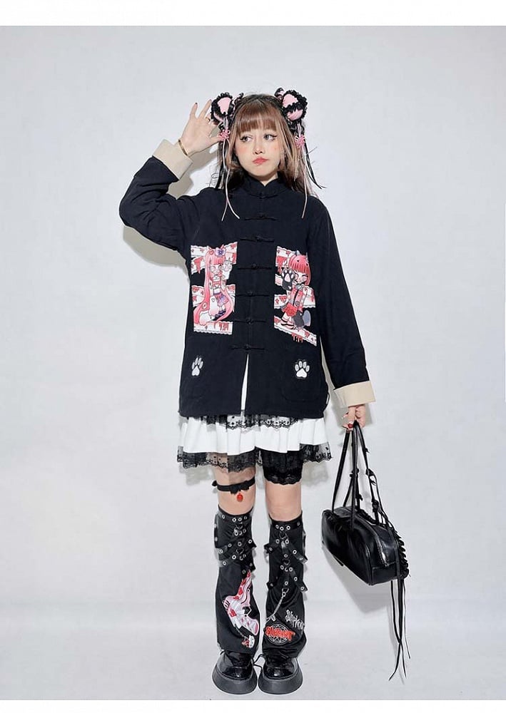 Black Anime Banded Collar Oversized Top