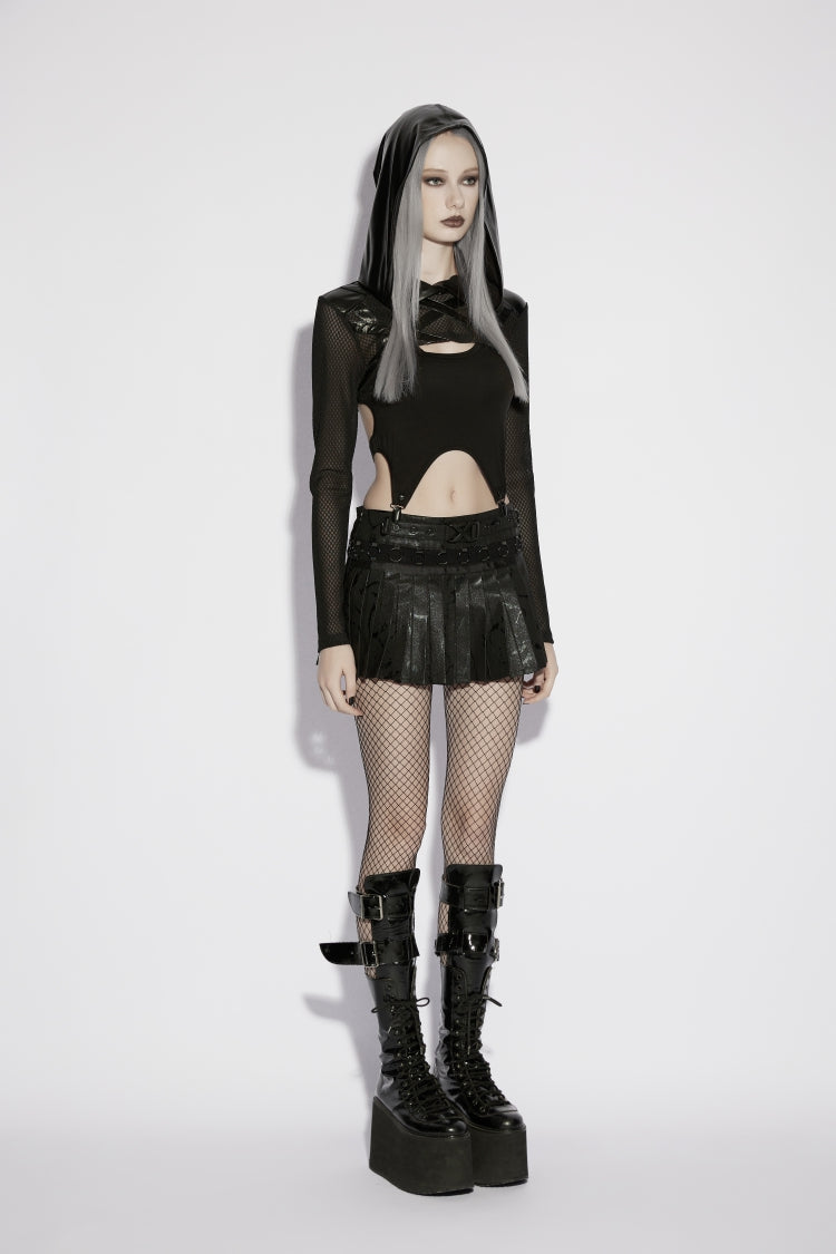 Punk Sheer Mesh Eyelet Hooded Cloak for Women with Handsome Style