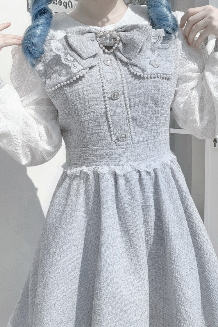 Grey Long Sleeve Bow Lace Pearl Sweet Jirai Kei Dress