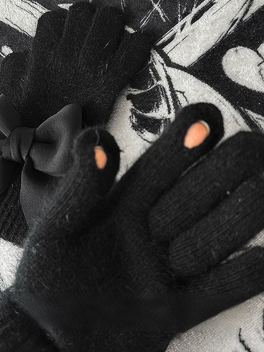 Bowknot Gothic at Black Gloves Finger Cutout Details Pads