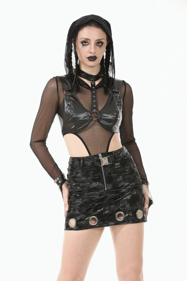 Ebony Studded Faux Leather Punk Corset Crop Top with Adjustable Clasps
