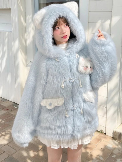 Blue Fluffy Cat Ears Hooded Faux Fur Coat Detachable Cat Plushie