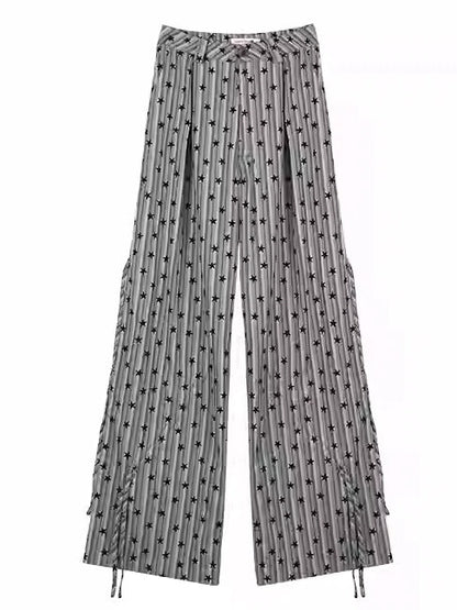 Grey Stars Pattern Striped Wide-leg Cut Pants Ruched Design Cuffs