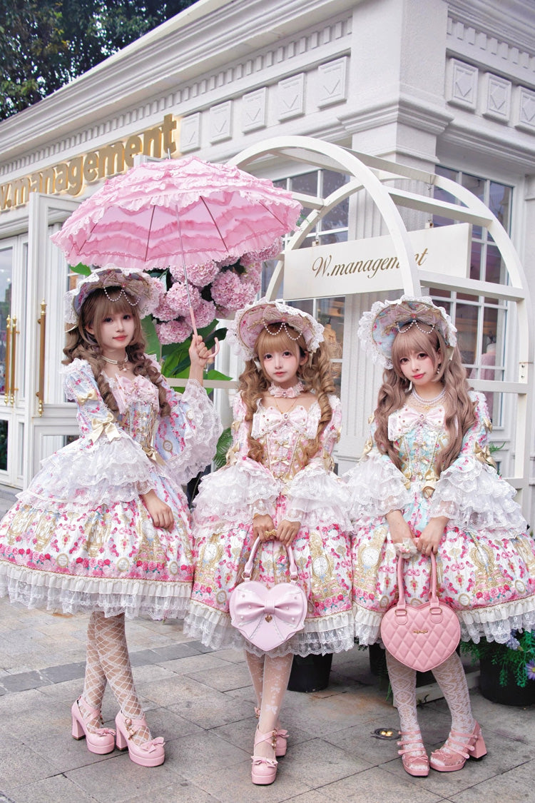 Pink [Rose Garden Prelude] Square Collar Long Trumpet Sleeves Printed Ruffled Bow Lace Lace-Up Sweet Lolita Dress