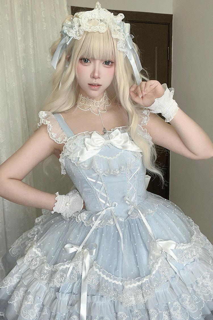 Cerulean Sleeveless Ruffle Bow Lace Corset Sweet Jumper Dress - Candy House