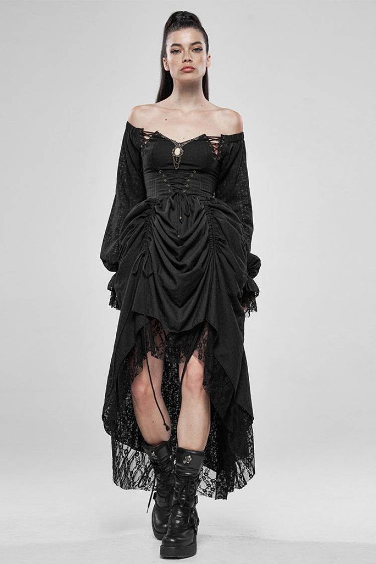 Black Off-Shoulder Long Puff Sleeves Ruffle Mesh Gothic Gown