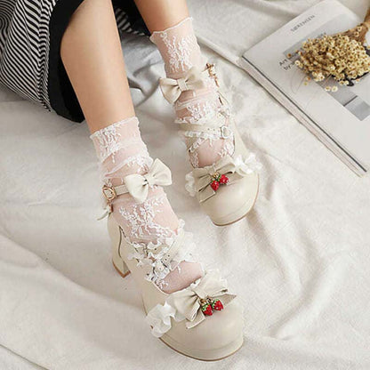 Kawaii Lace Bow Lolita Kitten Heel Mary Janes Shoes