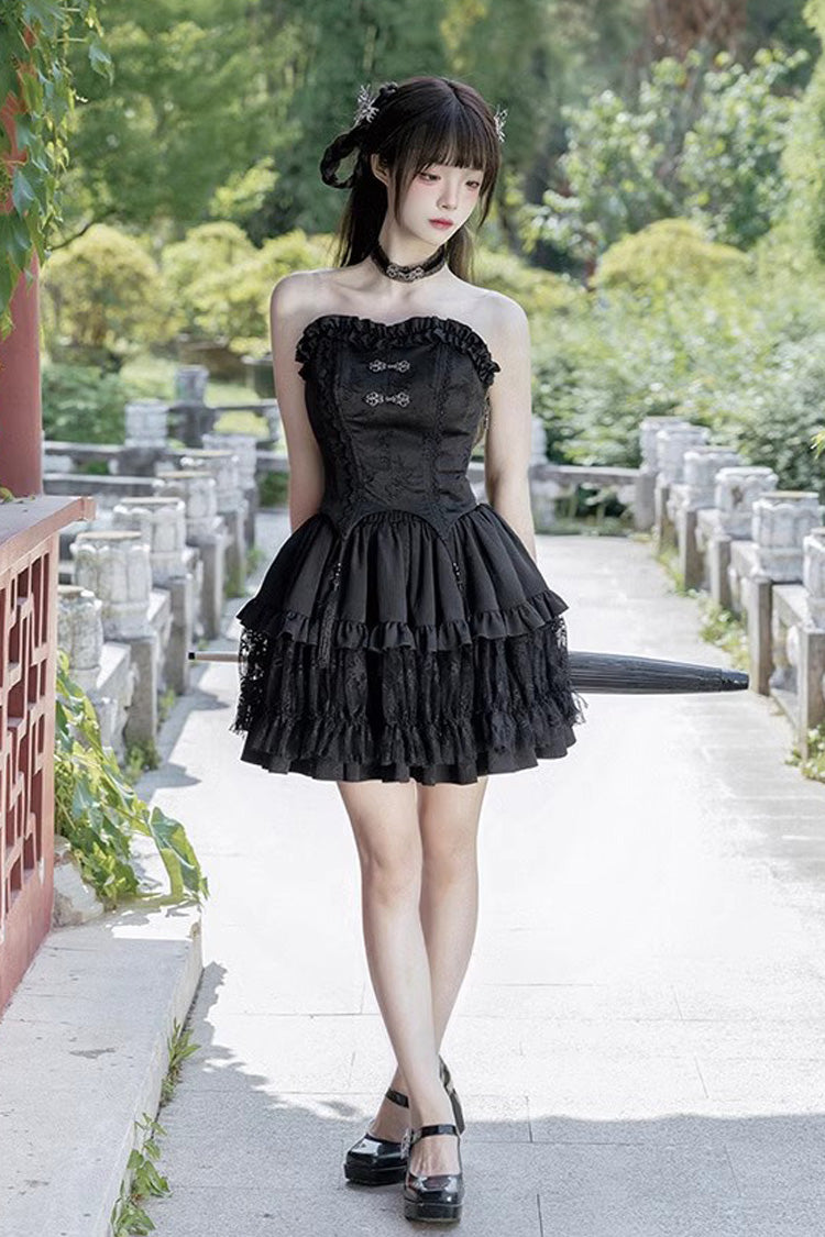 Gothic Lolita Skirt Set with Bamboo Dream, Dark Pattern, Ruffles and Multi-layer