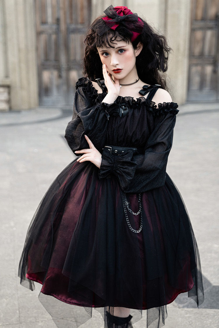 Black Boat Neck Metal Chain Organza Stitching Gothic OP Dress