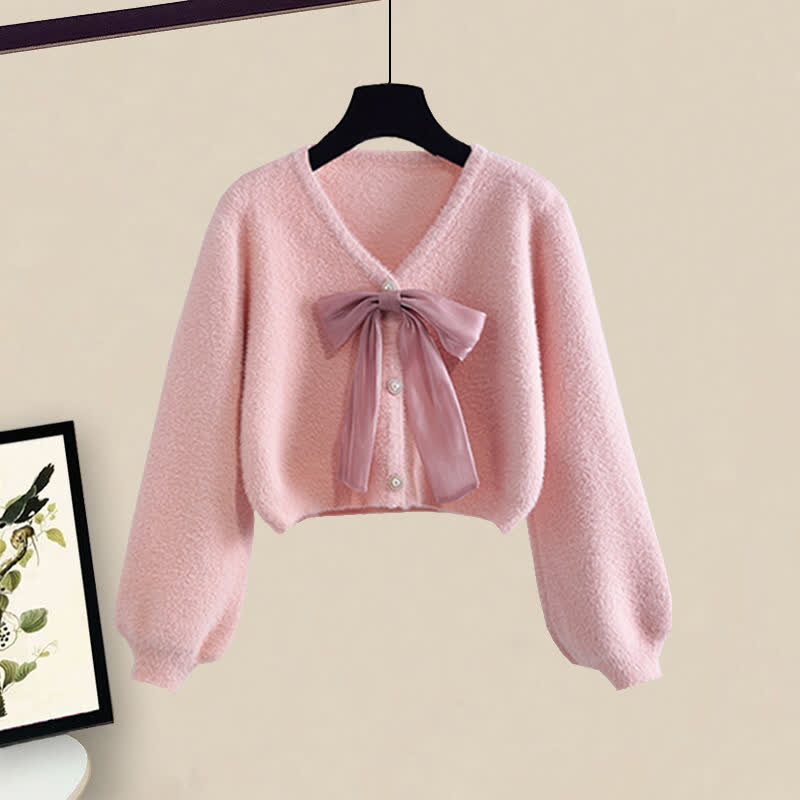 Elegant Bow Knot Cardigan Crop Sweater Long Sleeve Dress