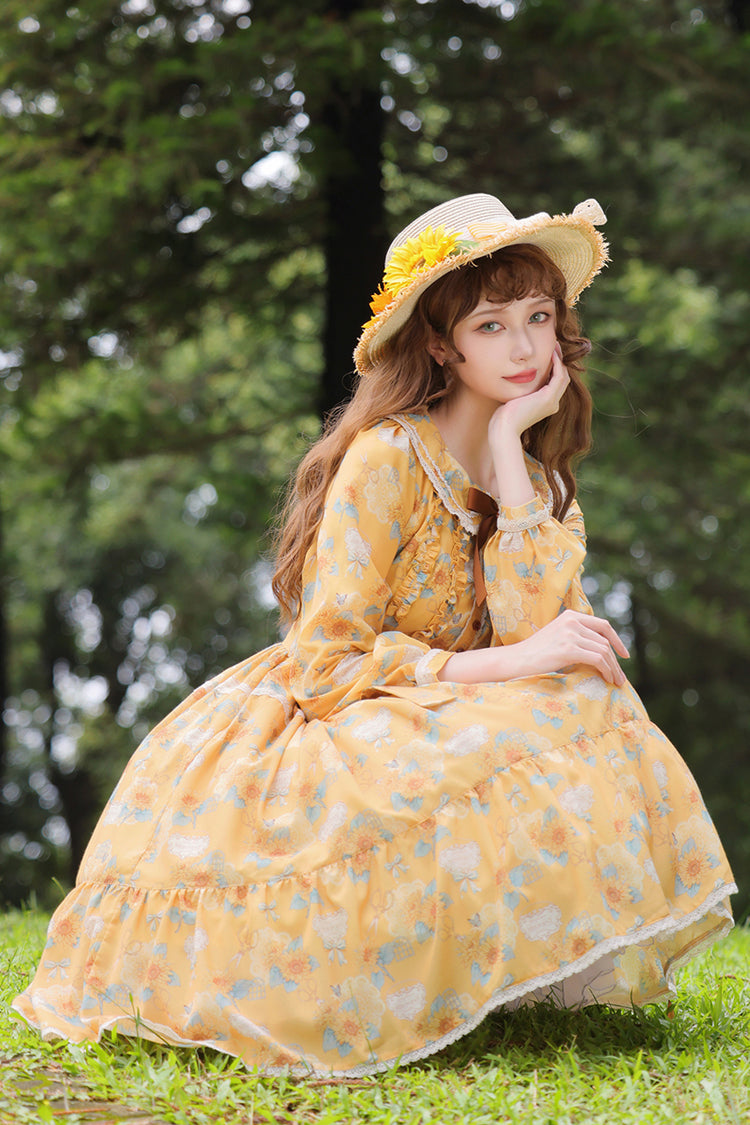 Sunflower Yellow Long Sleeve Floral Bow Elegant Lolita Dress