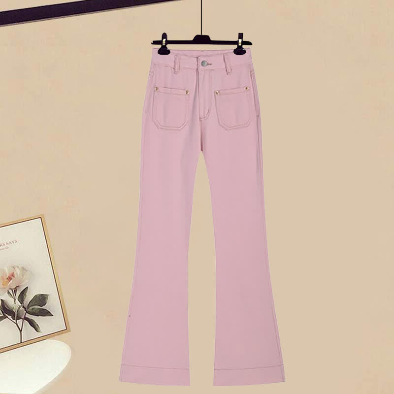 Puff Sleeve Shirt Flared Pink Denim Pants Set