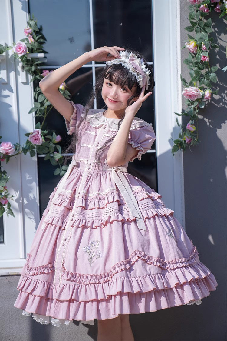 Pink Doll Collar Dress with Iris Embroidery - Sweet