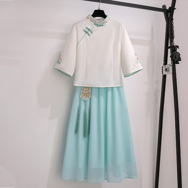 Vintage White Hanfu Buckle Shirt Tassel Skirt