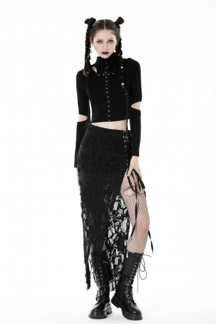 Raven Cross Eyelet Cut-Out Punk Crop Top with Ripped Hood for Women