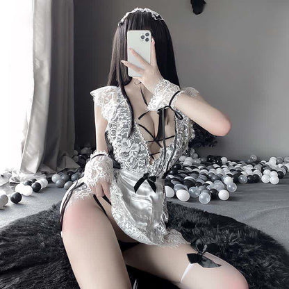 Cosplay Black Bow Maid Deep Lace Lingerie Dress