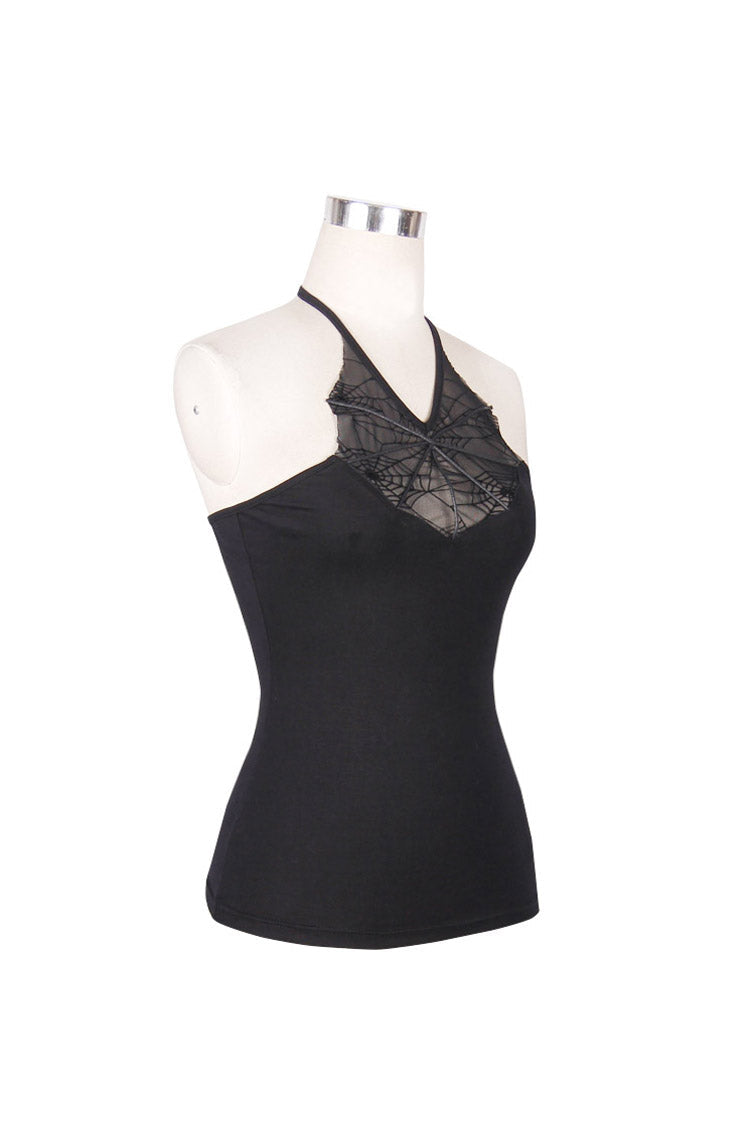 Women's Punk Vest in Black with Spider Web Flocking Print & Mesh Halter
