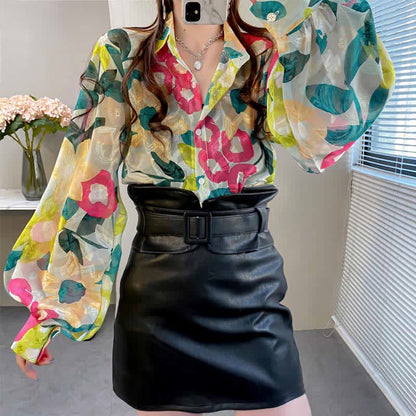 Color Floral Print Puff Sleeve Lapel Shirt Workwear