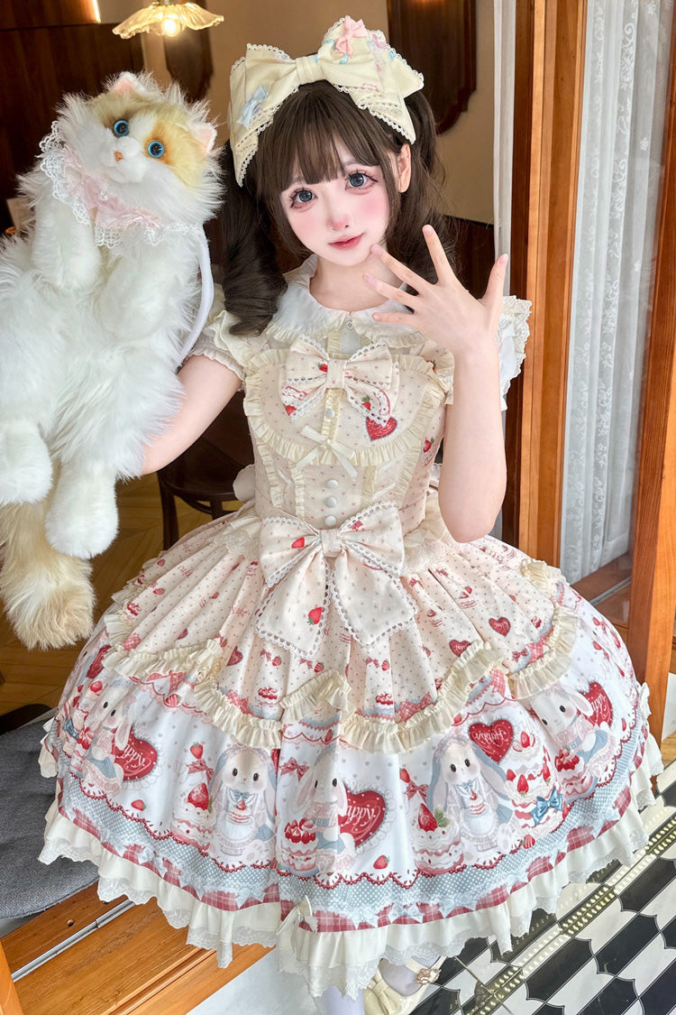 Yellow [Cute Rabbit Party] Sleeveless Double-Layered Printed Ruffled Bow Sweet Lolita Jsk Dress