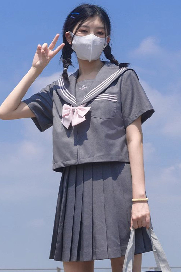 Ash Navy-Collar School Pleated Skirt