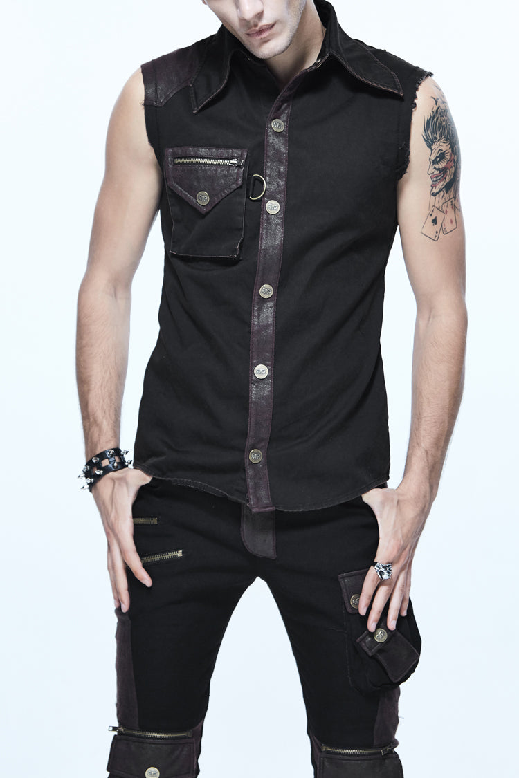 Sleeveless Punk Shirt with Armor Shoulder and Hasp