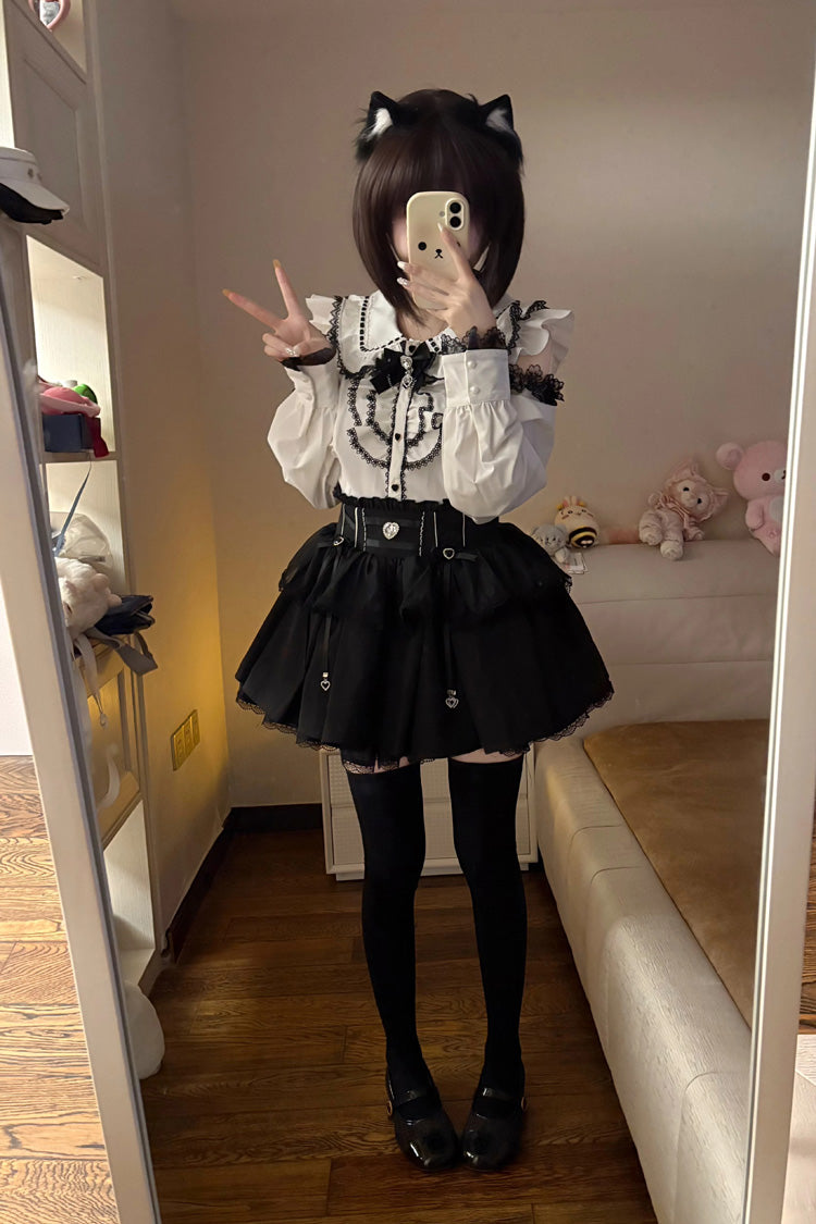 Doll Collar Long Sleeves Ruffled Bow Sweet Jirai Kei Skirt Set