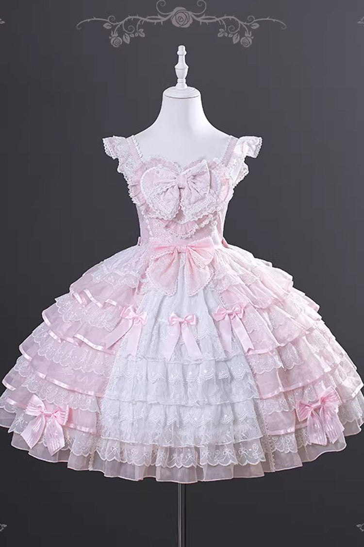 Pink Cherry Blossom Letter Sleeveless Multi-Layered Ruffled Embroidered Open-Front Bow Gorgeous Sweet Jsk Dress