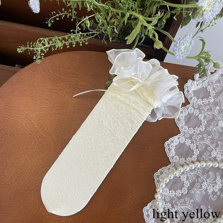 Underknee Hollow-out Stockings Lace Bowknot Details Trim Yellow/White Black/Light