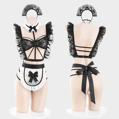 Ruffled Hollow Out Lace Up Apron Maid Lingerie Stockings Set