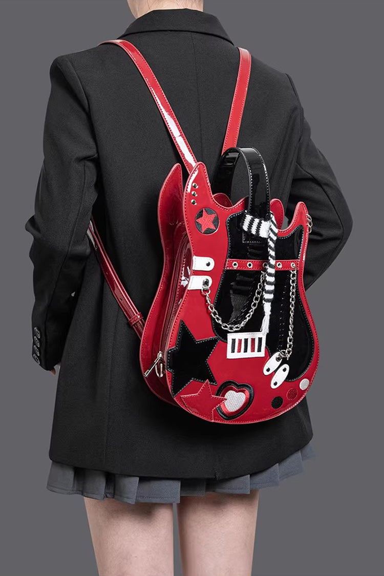 Embroidered Itabag with Guitar Heart and Chain, Color-Block Sweet Lolita