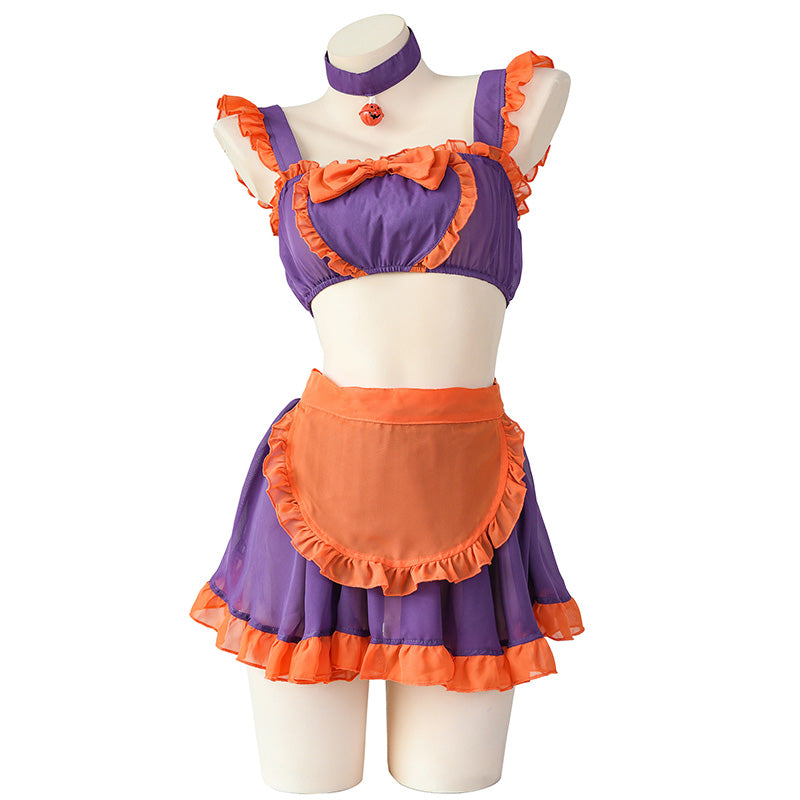 Pumpkin Bell Bow Decor Chiffon Maid Lingerie Set