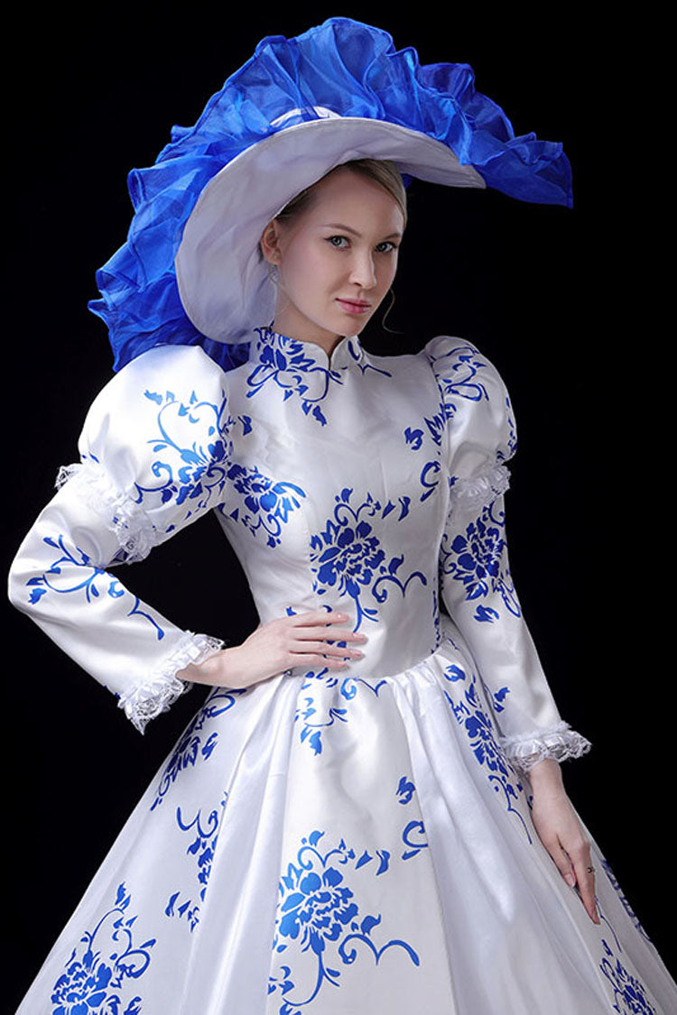 Blue and White Porcelain Victorian Dress with Stand Collar - Altfashion Shop