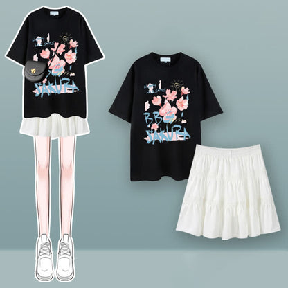 Tulip Cherry Blossom Print T-Shirt Pleated Skirt Set