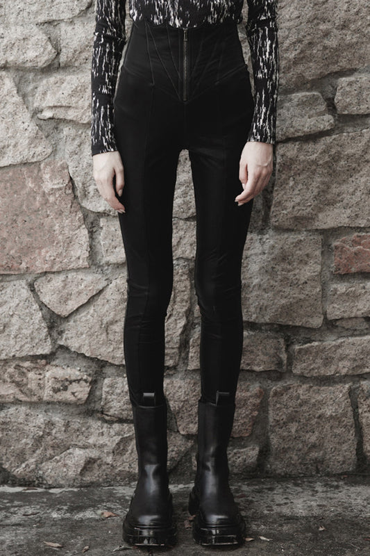 Punk Leather Pants with Bat Embroidery, Elastic Waist and Metal Zipper