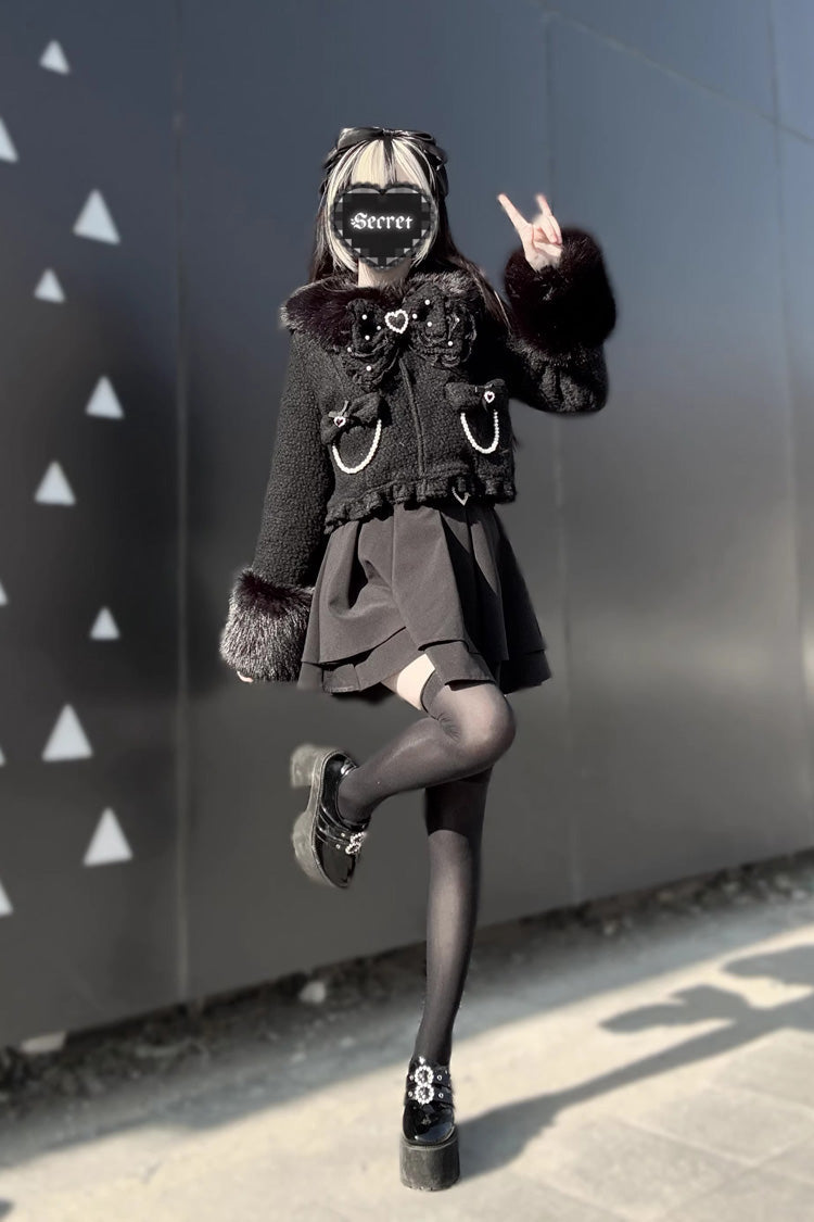 Long Sleeves Bow Sheep Wool Gothic Jirai Kei Short Coat