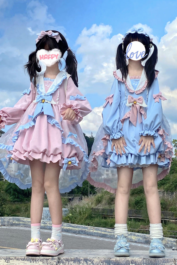 Music Note Print Blue Lace Sweet Lolita Dress with Bow