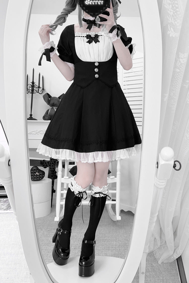 Monochrome Bow-Trimmed Cross-Waist Maid Ensemble with Short Ruffled Sleeves - Sweet Lolita