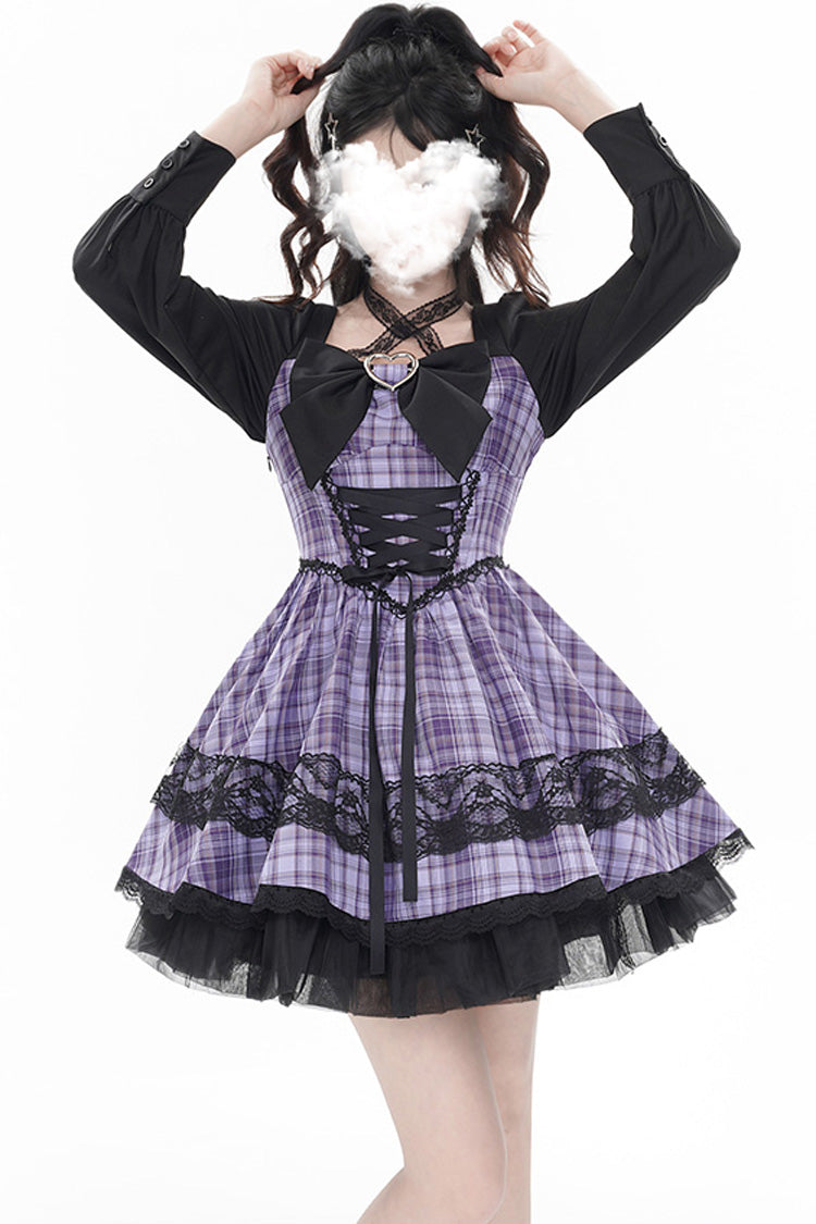 Purple Witch Time Long Sleeves Plaid Print Bow Lace Sweet Dress